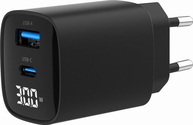 Telefono įkroviklis Gembird Fast Charger 3.0, USB Type C/USB Type A, juoda sp., 30 W