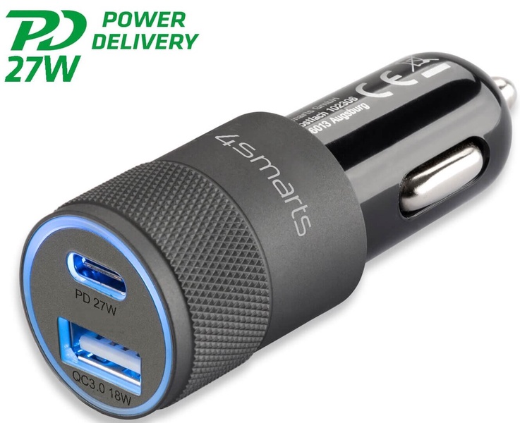 Automobilinis įkroviklis 4smarts, USB Type C/USB Type A, pilka sp., 27 W