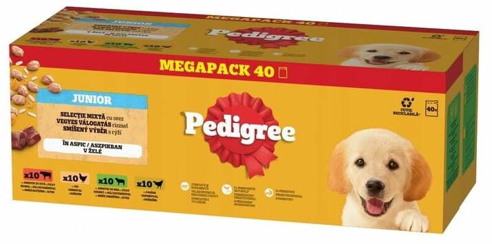 Šlapias šunų maistas Pedigree Junior Selection Of Flavors In Jelly, ėriena/jautiena/vištiena/paukštiena, 4 kg, 40 vnt.