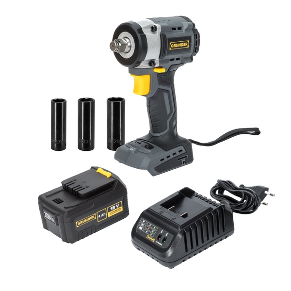 Akumuliatorinis smūginis veržliasukis Grunder CW-B0A18, 18 V, 4000 mAh