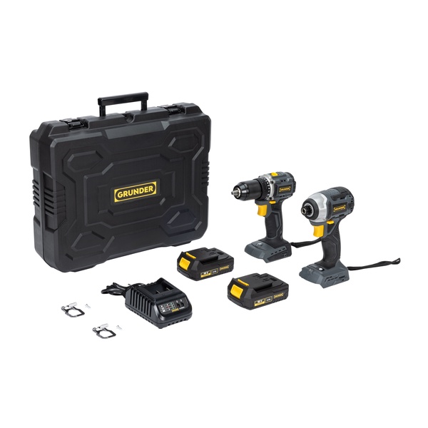 Akumuliatorinių įrankių rinkinys su akumuliatoriumi Grunder CD-B0A18+CW-B1218E, 18 V, 2 Ah