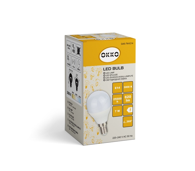 Lemputė Okko LED, G45, 3000 °K, E14, 7 W, 620 lm
