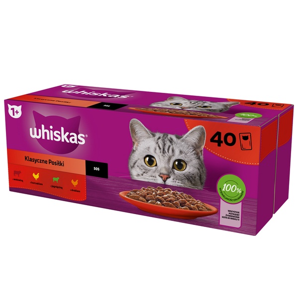Šlapias kačių maistas Whiskas Classic Meals In Sauce, ėriena/jautiena/vištiena, 0.085 kg x 40 vnt.