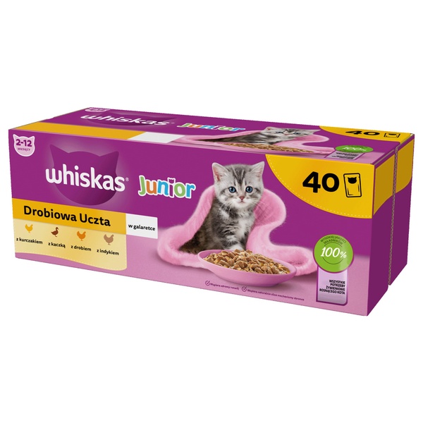 Šlapias kačių maistas Whiskas Junior, vištiena/kalakutiena/antiena, 0.085 kg x 40 vnt.