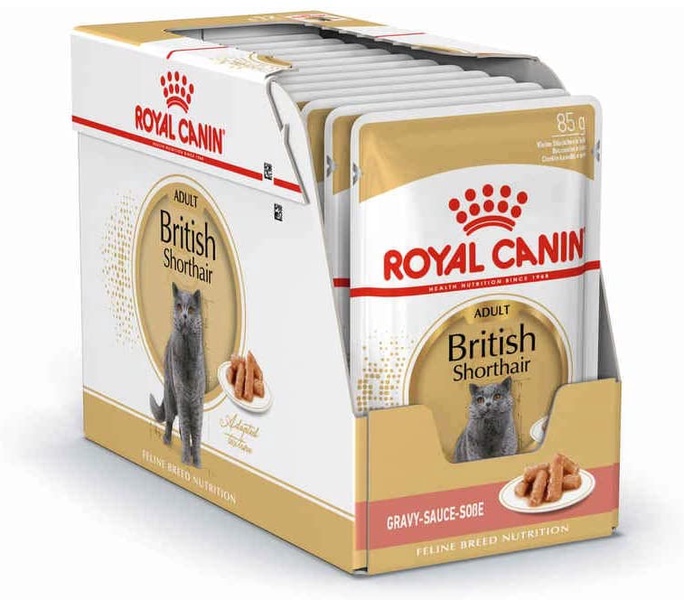 Šlapias kačių maistas Royal Canin British Shorthair Adult, žuvis/vištiena, 0.085 kg x 12 vnt.