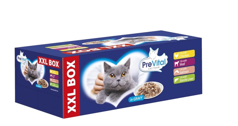 Šlapias kačių maistas PreVital In Gravy, vištiena/veršiena/kepenėlės, 0.1 kg, 48 vnt.