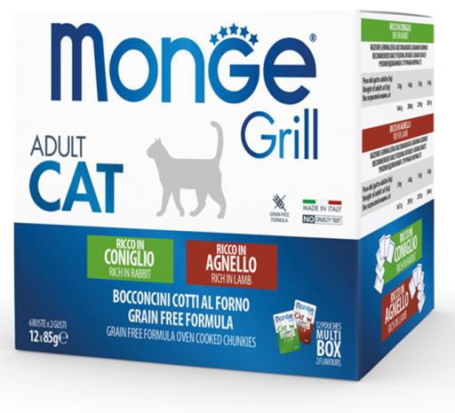 Šlapias kačių maistas Monge Adult Cat Grill, ėriena/triušiena, 0.085 kg x 12 vnt.
