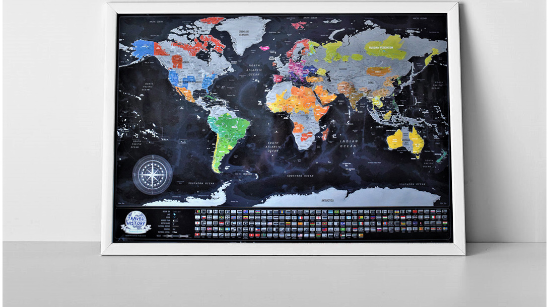 Nutrinamas pasaulio žemėlapis juodas su sidabro spalvos folija