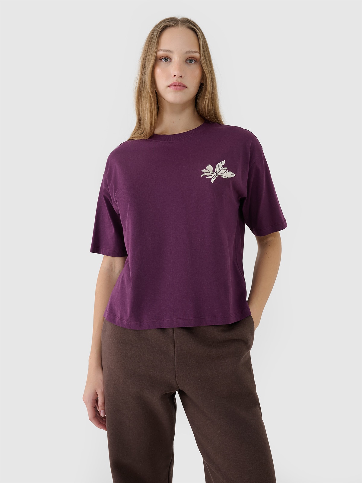 Moteriški T-shirt oversize marškinėliai su grafika - violetiniai