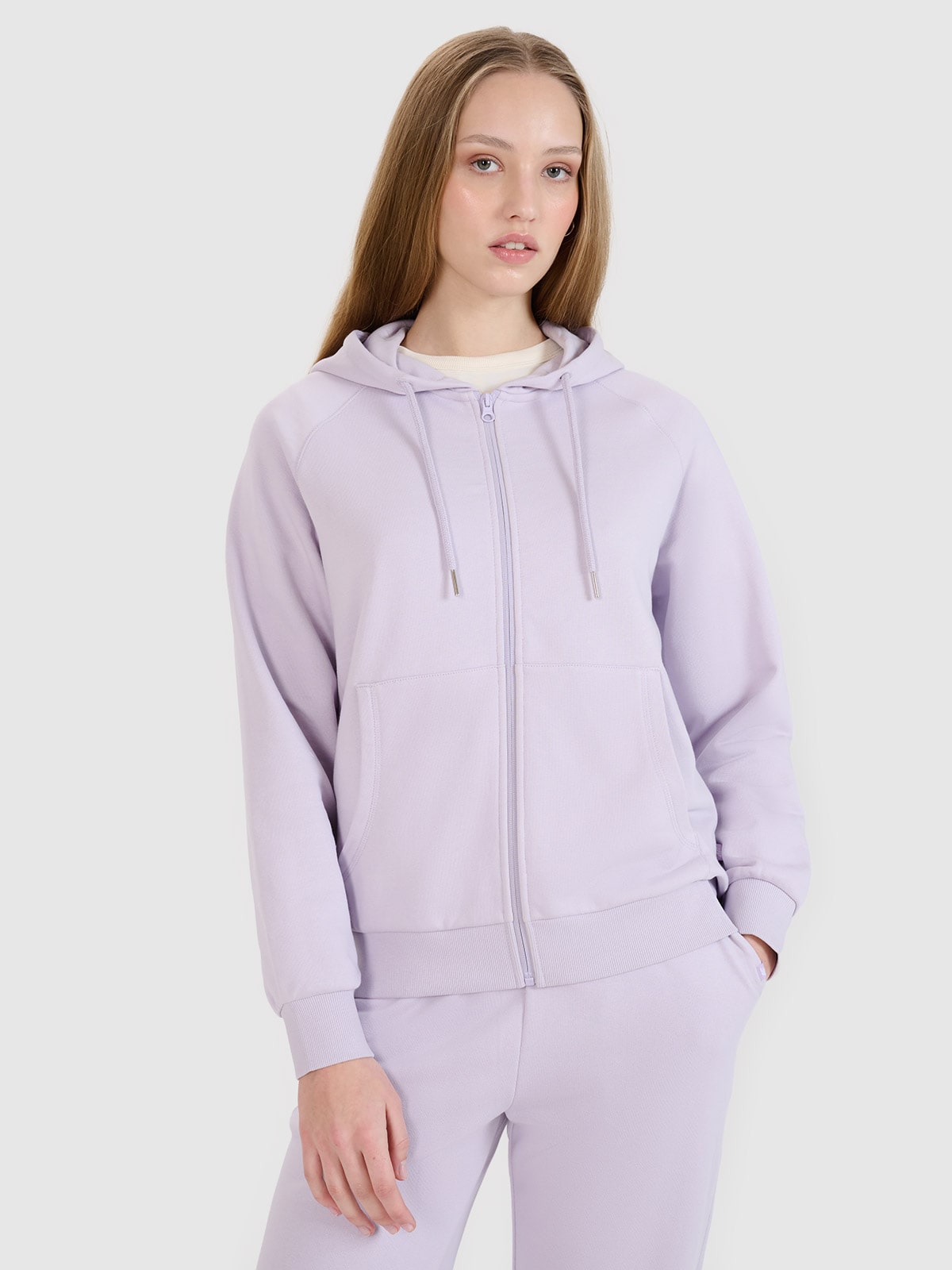 Moteriškas sportinis atsegamas džemperis su gobtuvu - violetinis