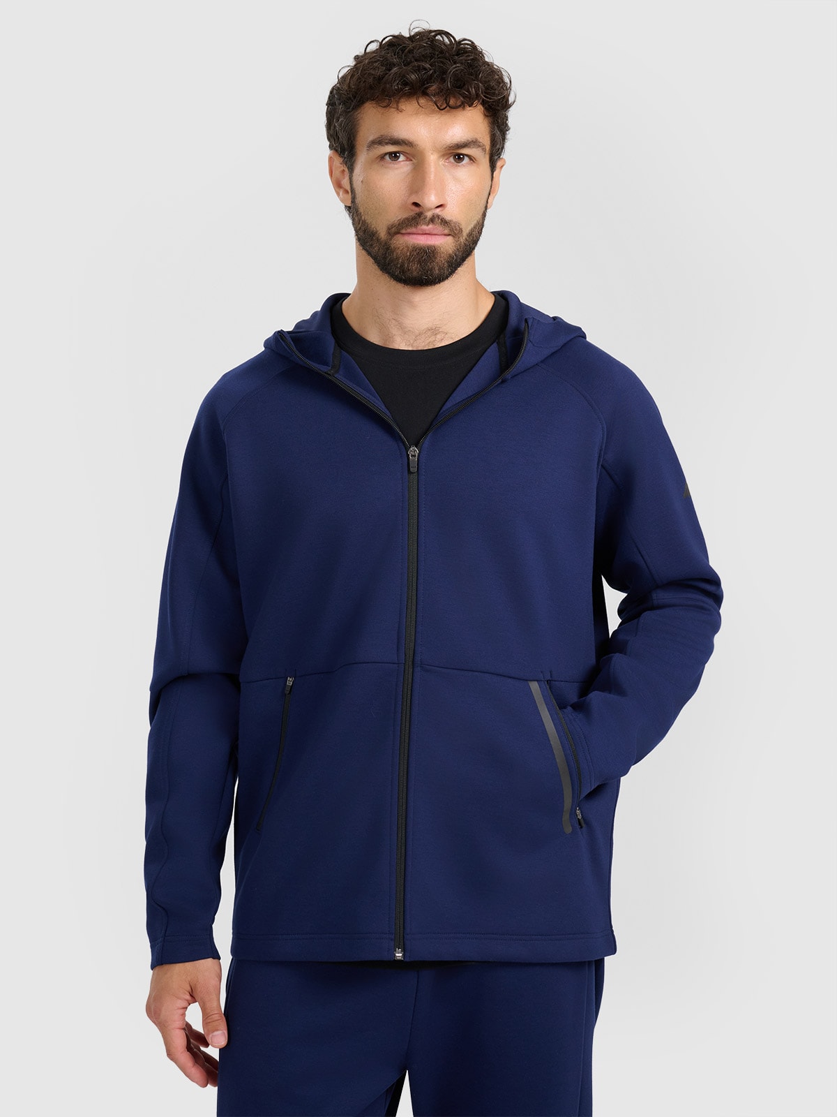 Vyriškas sportinis atsegamas džemperis su gobtuvu - tamsiai mėlynas