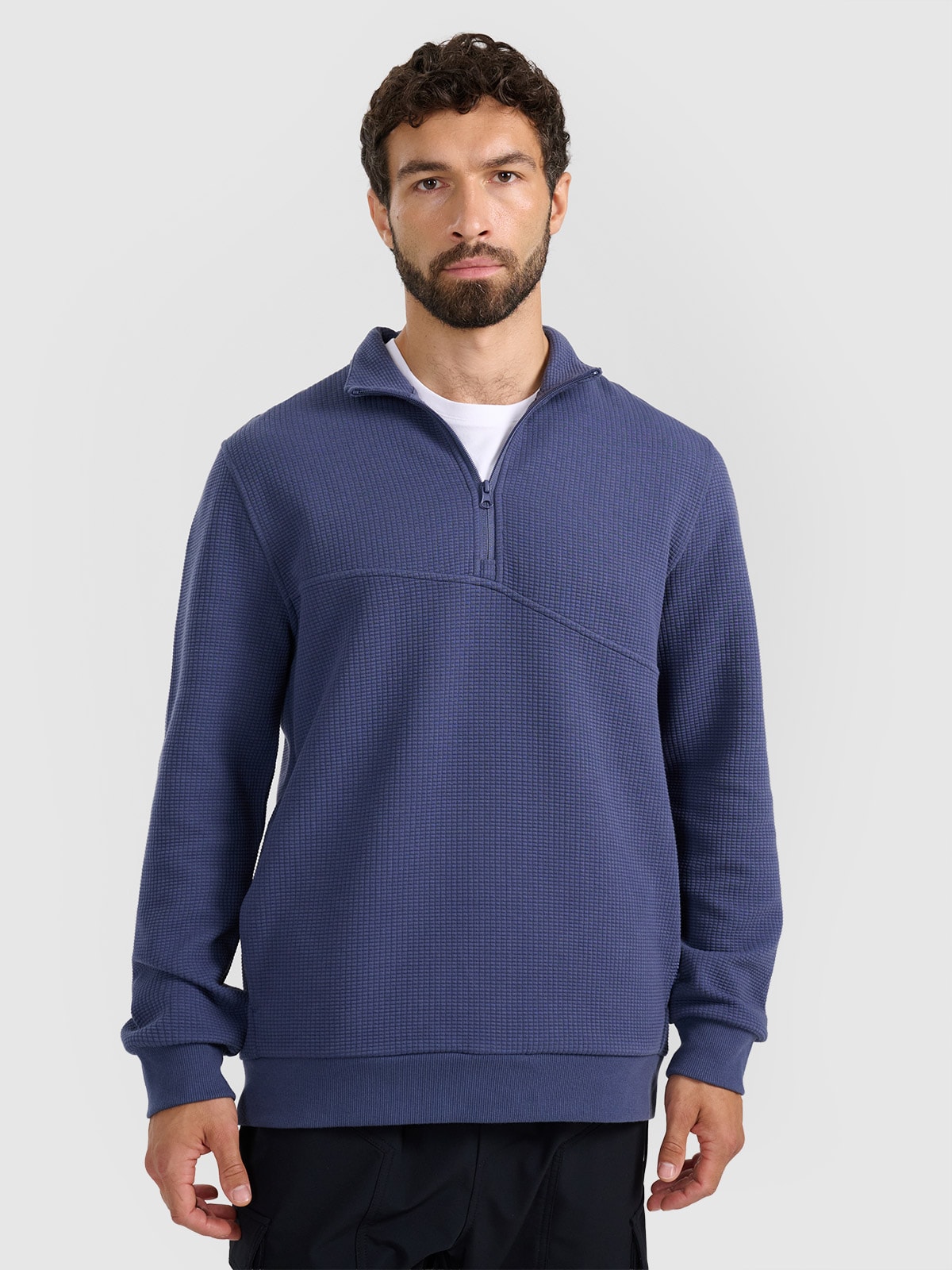 Vyriškas vaflio tipo pynimo audinio džemperis - tamsiai mėlynas