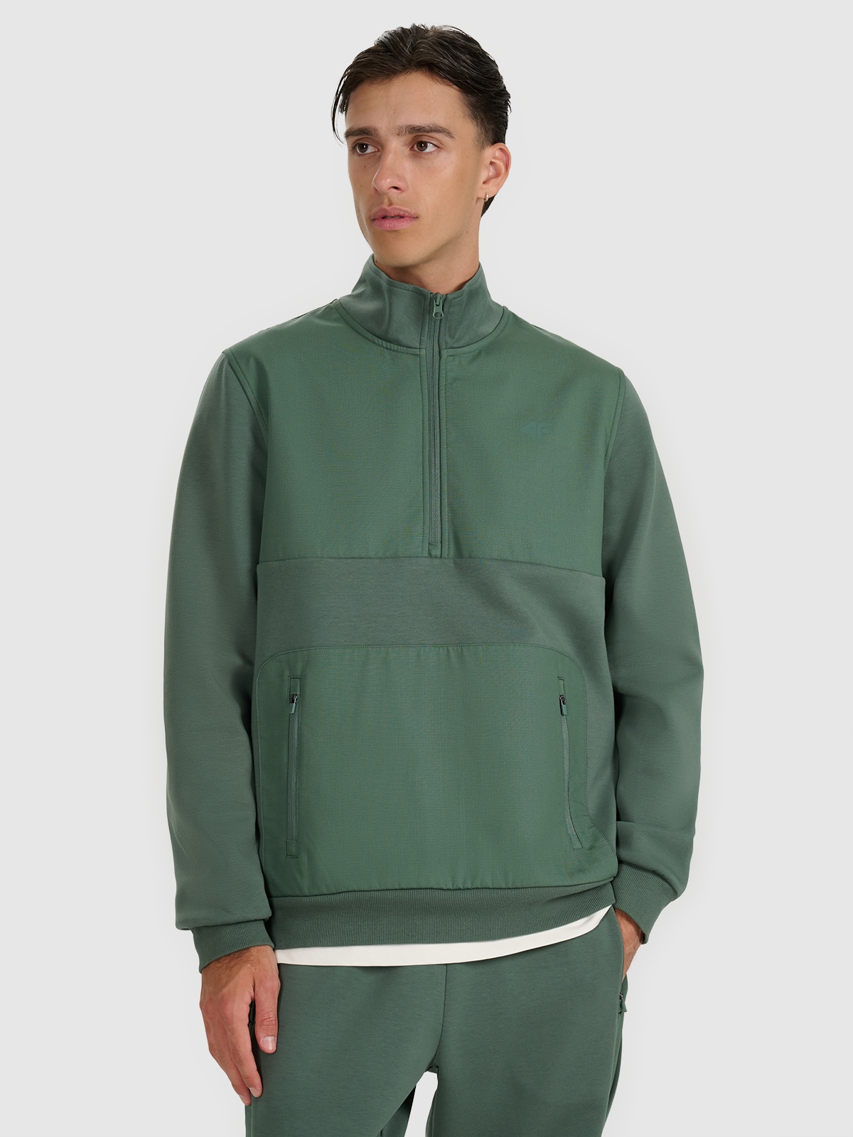 Vyriškas sportinis neatsegamas džemperis be gobtuvo - alyvuogių/khaki spalvos