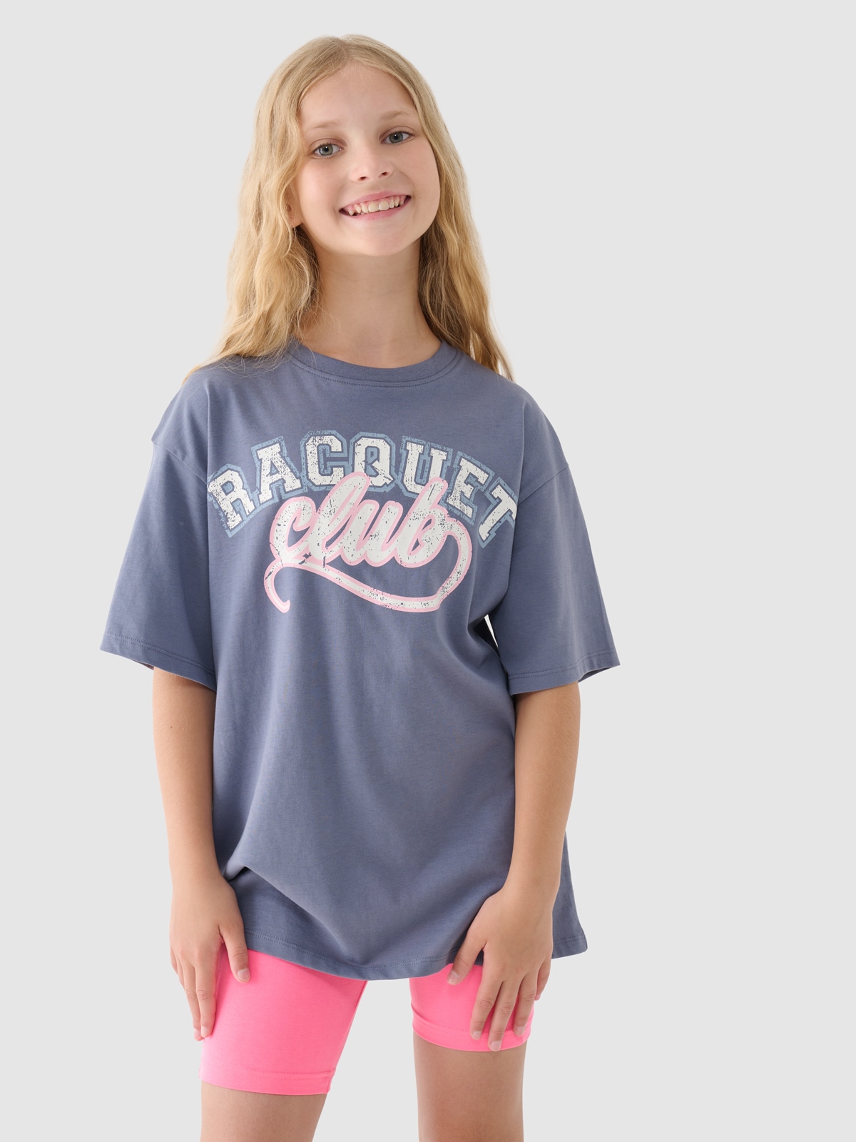 T-shirt marškinėliai su spauda mergaitėms - tamsiai mėlyni