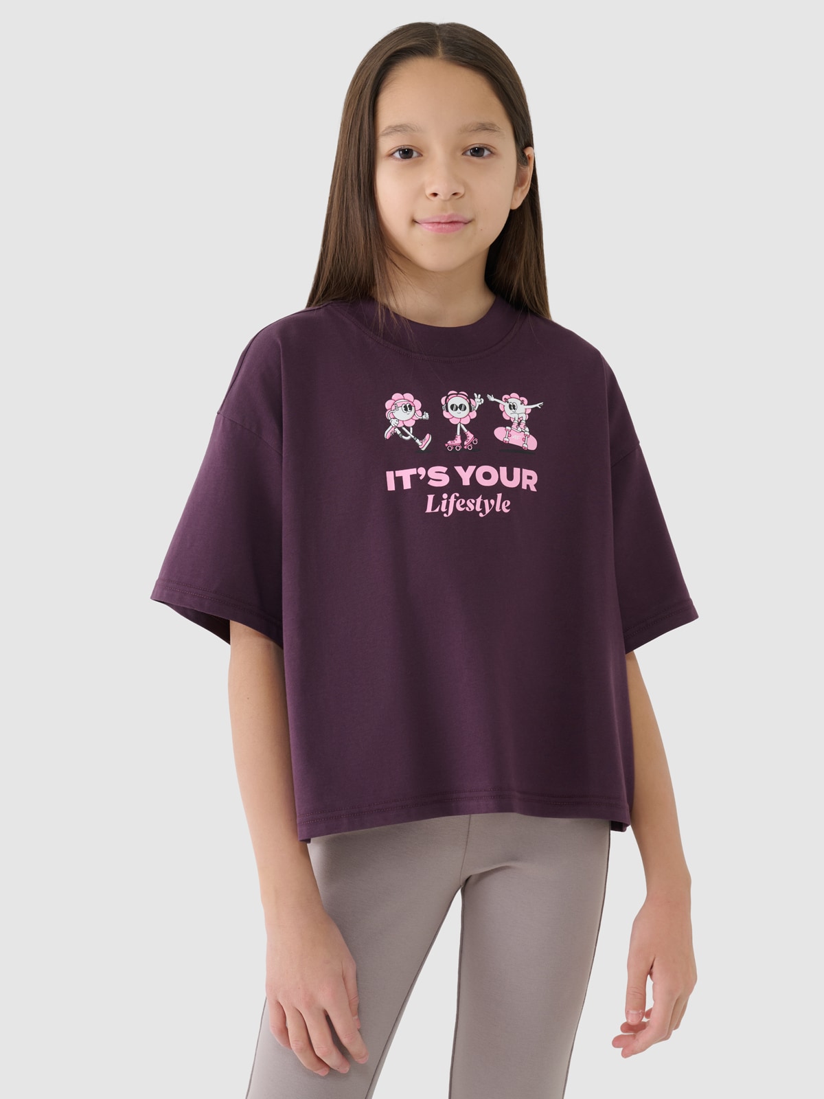 Crop top oversize marškinėliai su spauda mergaitėms - violetiniai