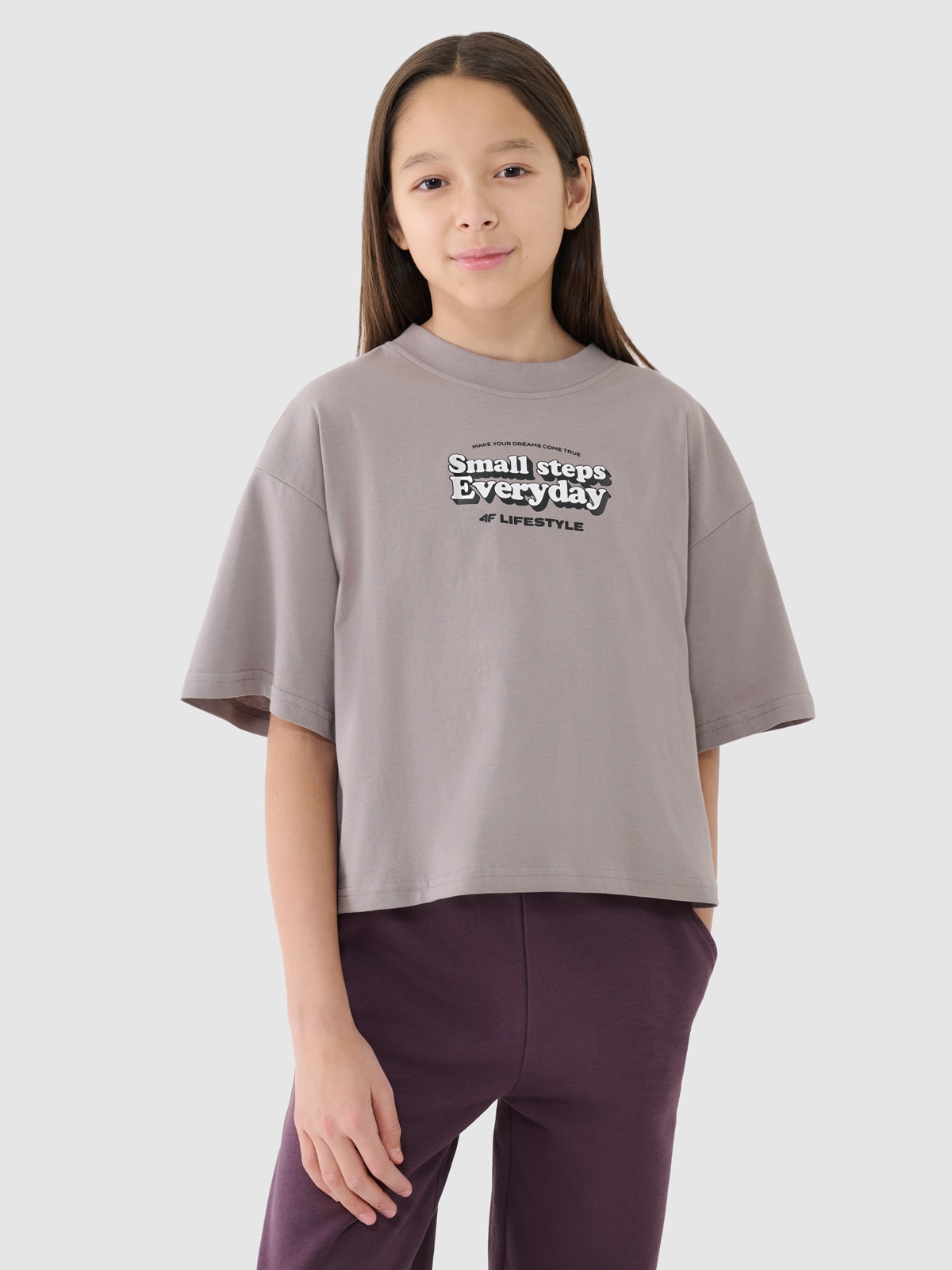 Crop top oversize marškinėliai su spauda mergaitėms - smėlio spalvos