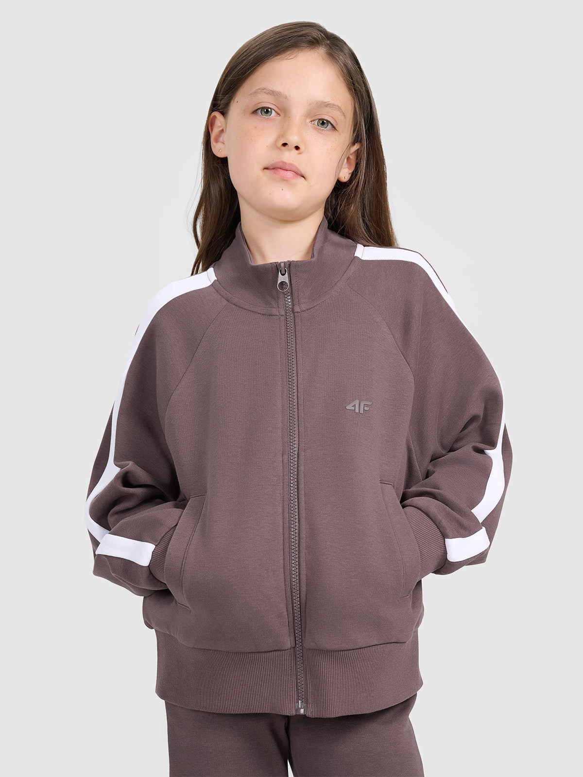 Sportinis neatsegamas džemperis be gobtuvo mergaitėms - ruda