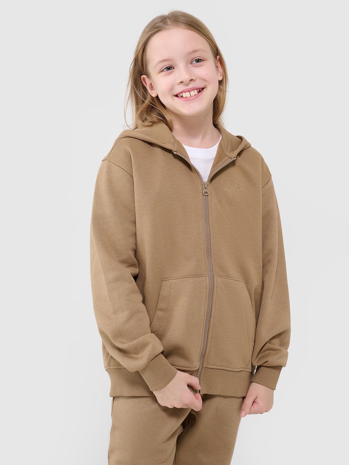 Sportinis atsegamas džemperis su gobtuvu mergaitėms - smėlio spalvos