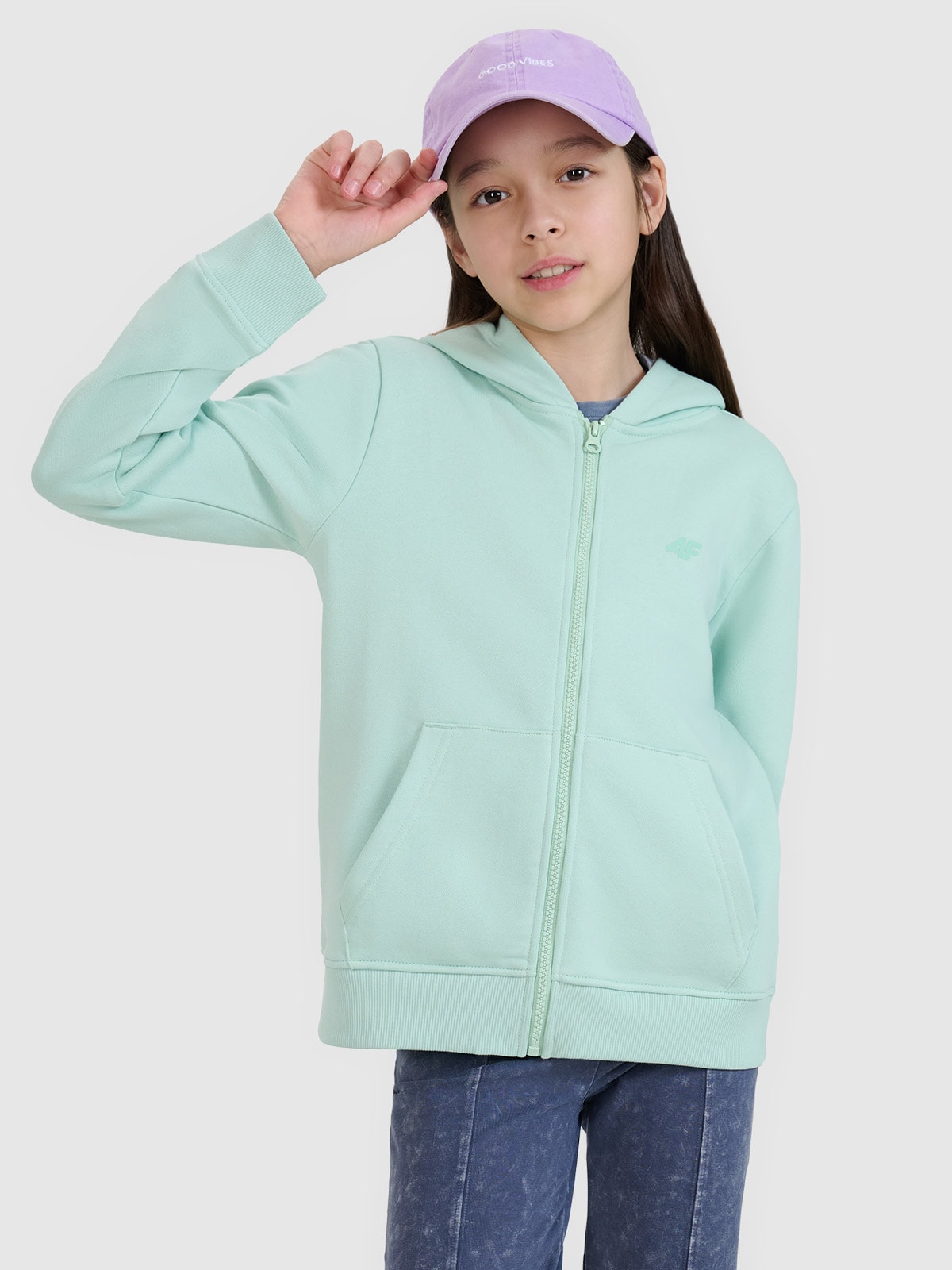 Sportinis atsegamas džemperis su gobtuvu mergaitėms - turkio spalvos