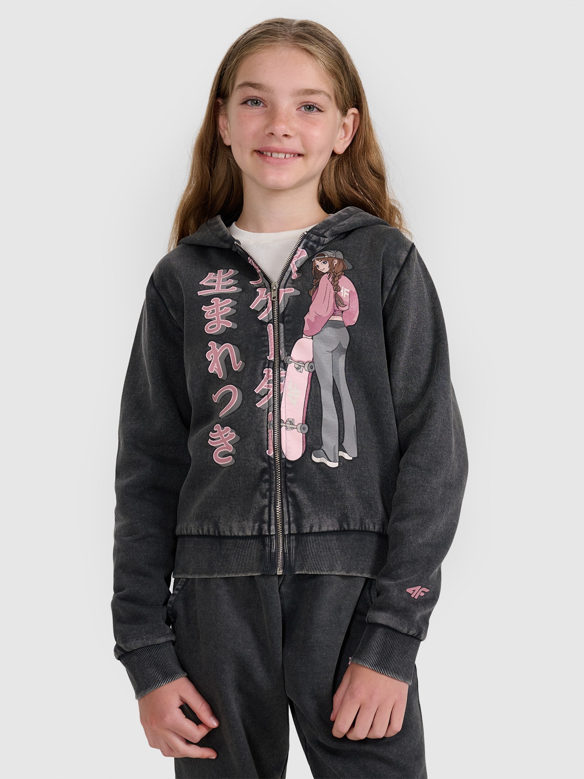 Sportinis atsegamas džemperis su gobtuvu mergaitėms - pilkas