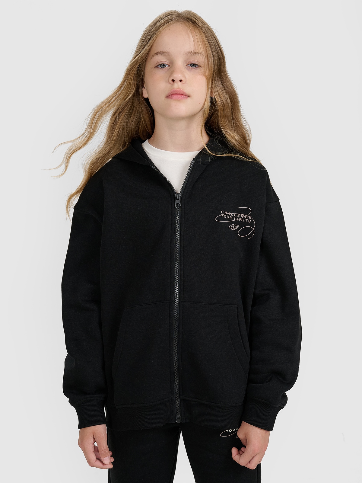 Sportinis atsegamas džemperis su gobtuvu mergaitėms - juodas