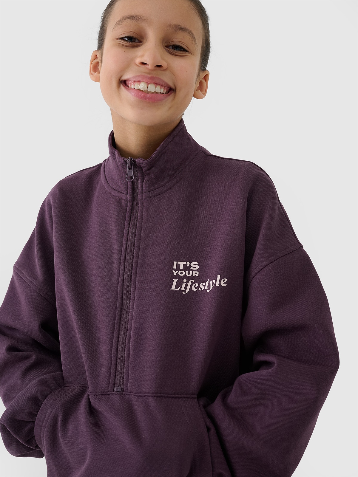 Sportinis neatsegamas džemperis be gobtuvo mergaitėms - violetinis