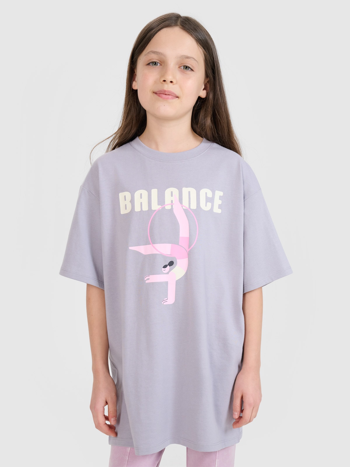 T-shirt oversize marškinėliai su spauda mergaitėms - pilki