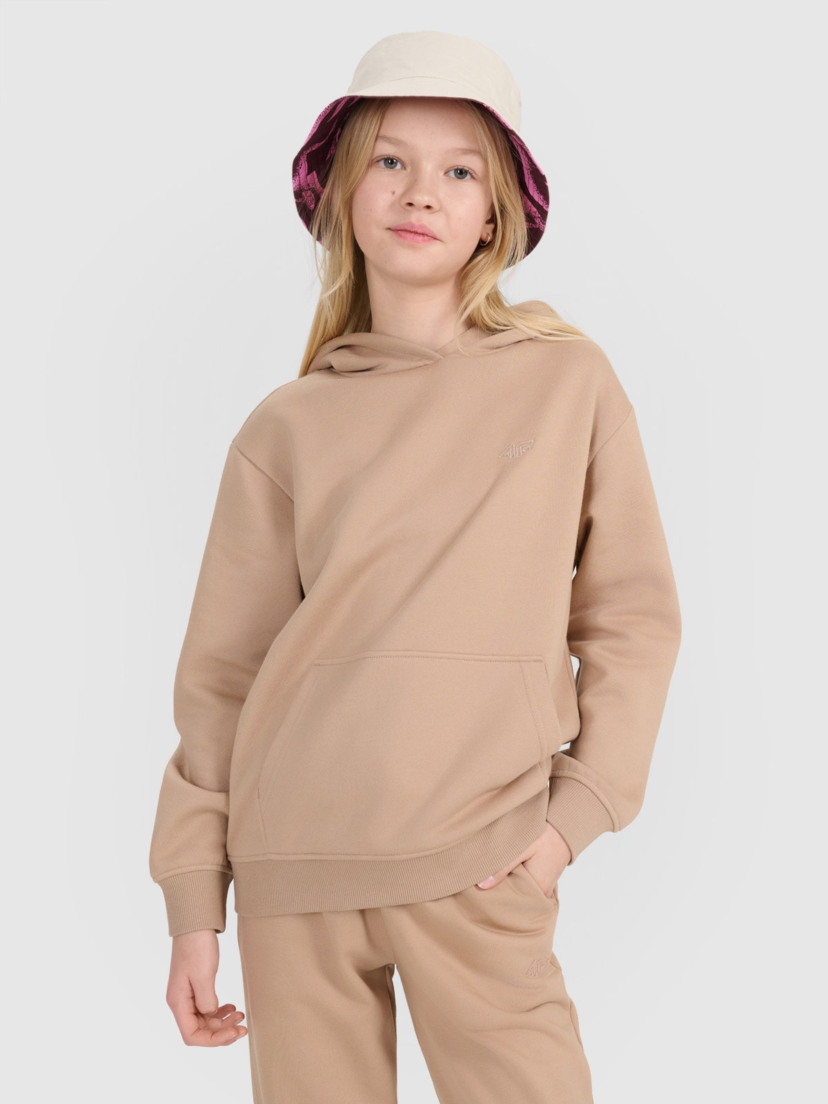 Sportinis neatsegamas džemperis su gobtuvu mergaitėms - smėlio spalvos