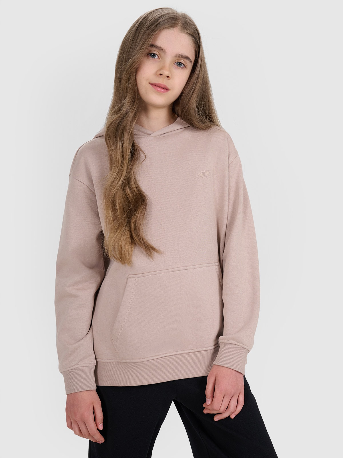 Sportinis neatsegamas džemperis su gobtuvu mergaitėms - smėlio spalvos