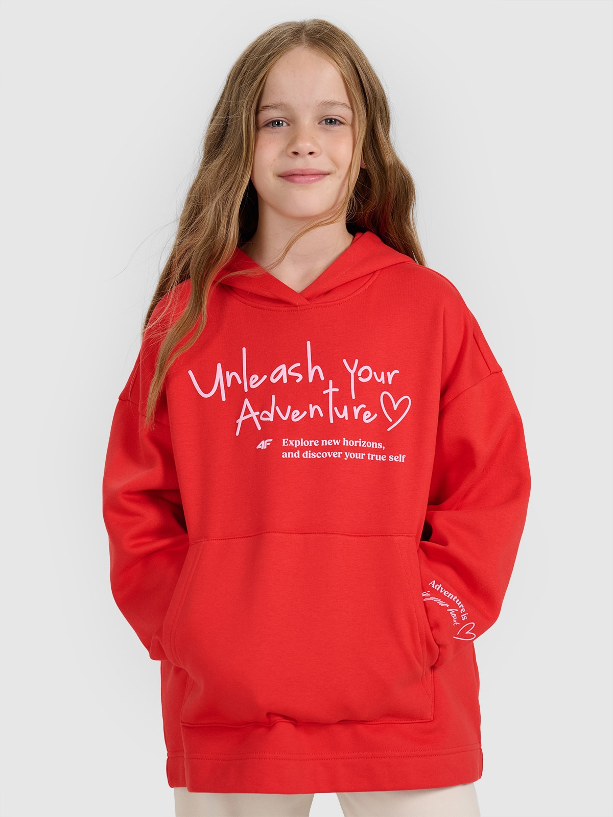 Sportinis oversize neatsegamas džemperis su gobtuvu mergaitėms - raudonas