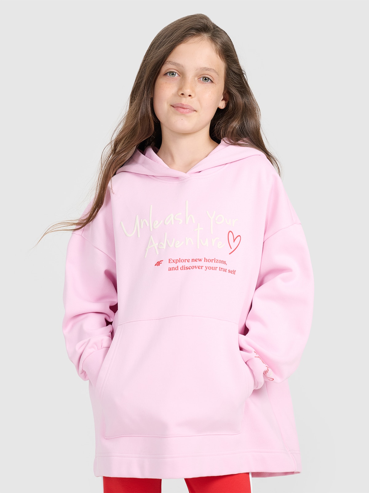 Sportinis oversize neatsegamas džemperis su gobtuvu mergaitėms - rožinis