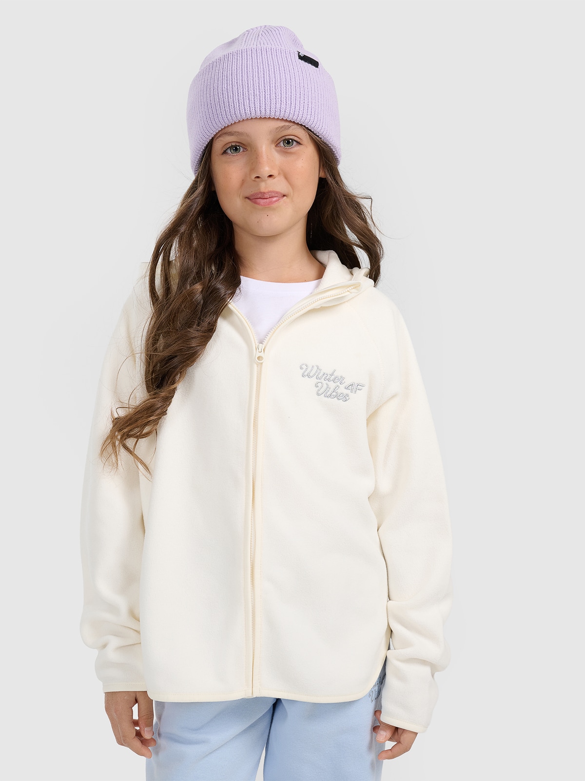 Moteriškas loose flisas su gobtuvu - baltas