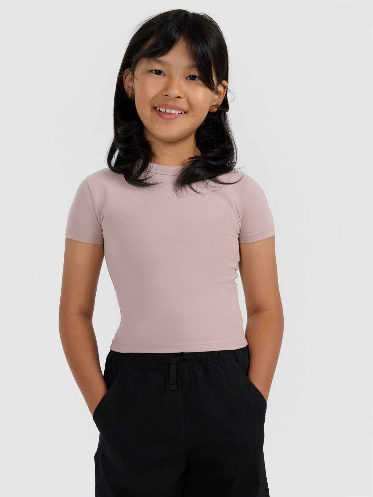 Crop top slim lygus marškinėliai mergaitėms - rudi