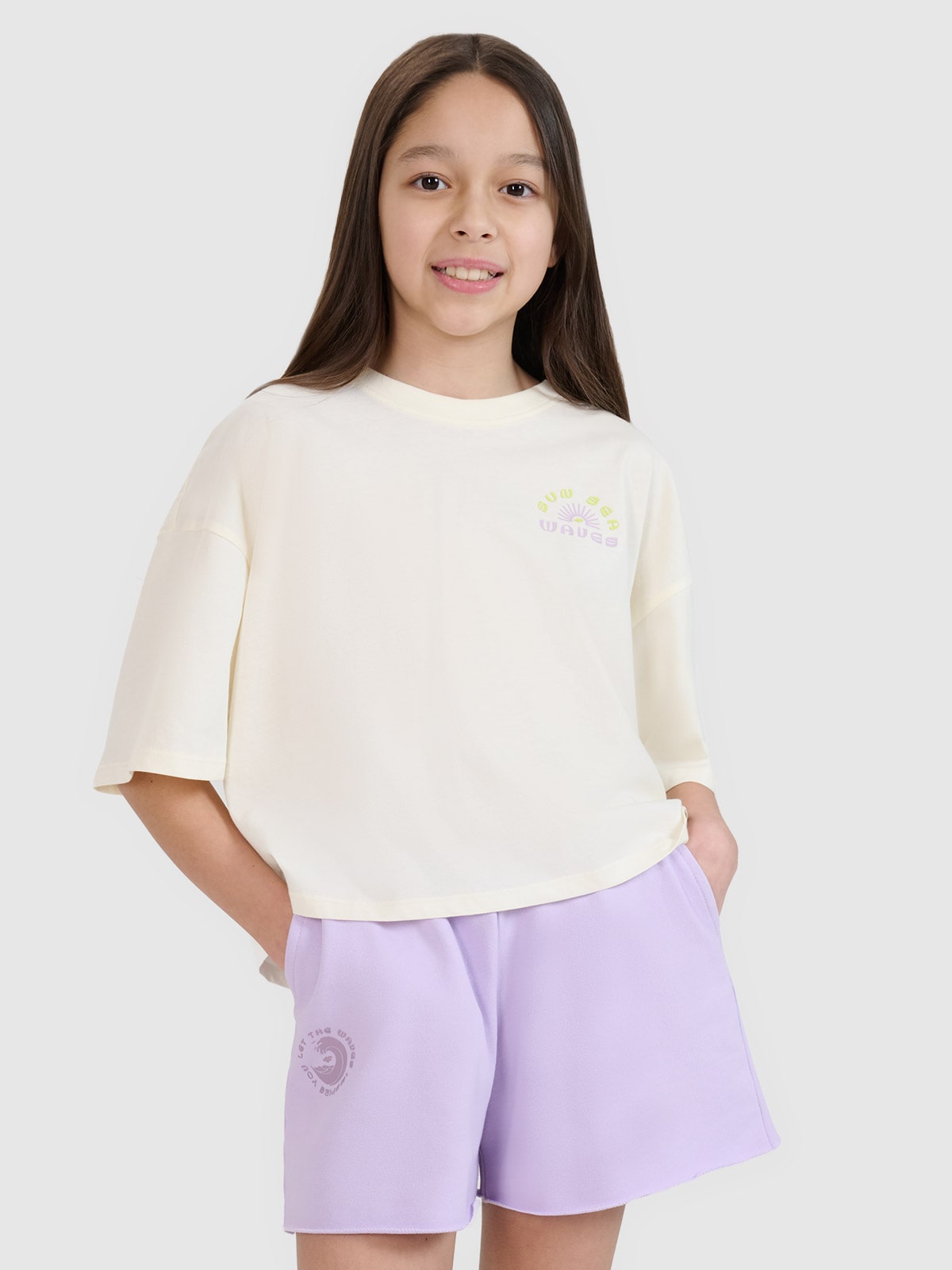 T-shirt oversize crop-top marškinėliai su spauda mergaitėms - balti