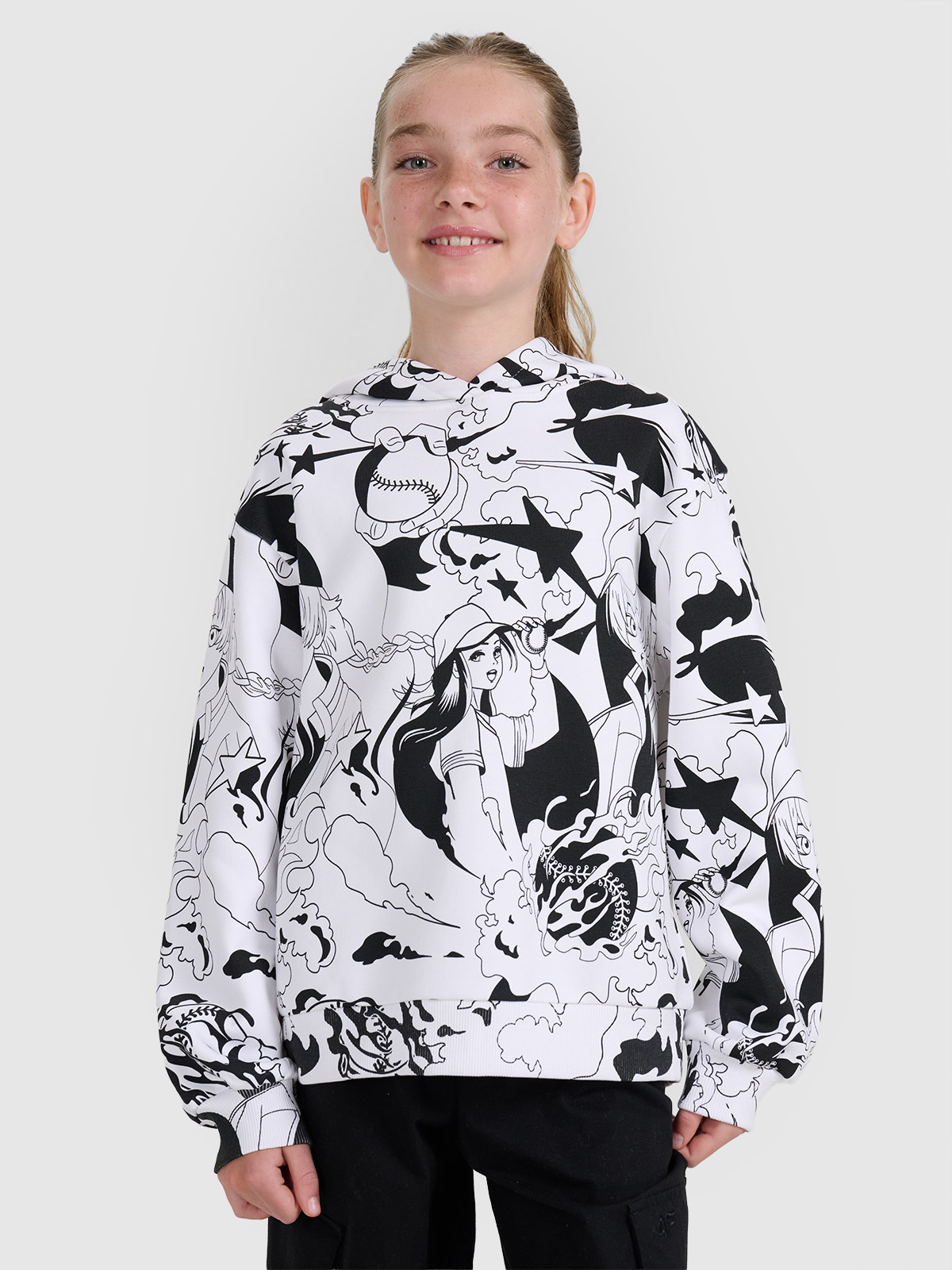 Sportinis neatsegamas džemperis su gobtuvu mergaitėms - baltas