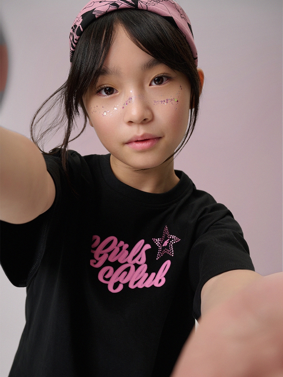 T-shirt loose marškinėliai su spauda mergaitėms - juodi