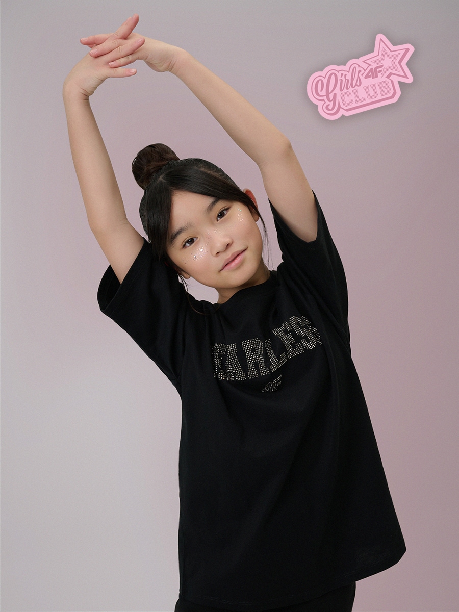 T-shirt loose marškinėliai su spauda mergaitėms - juodi