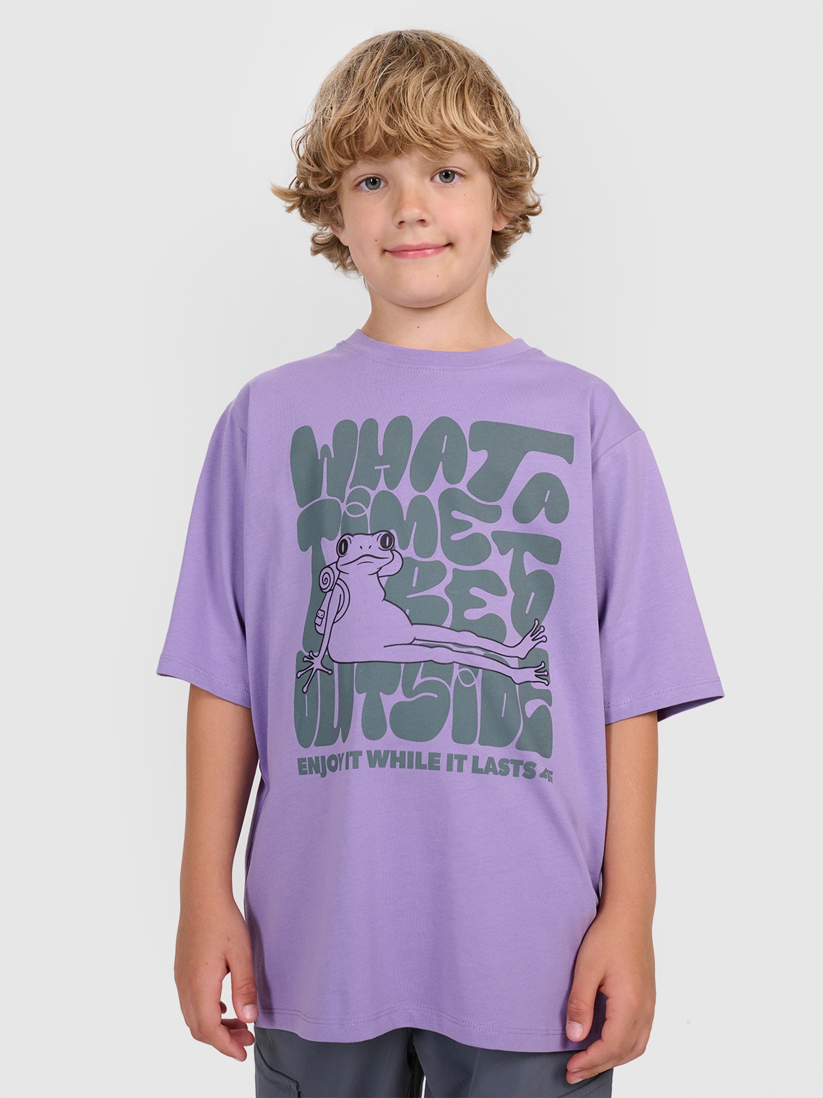 T-shirt oversize marškinėliai su spauda berniukams - violetiniai