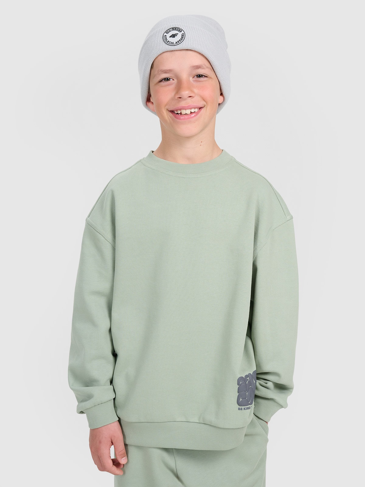 Sportinis oversize neatsegamas džemperis be gobtuvo - alyvuogių spalvos