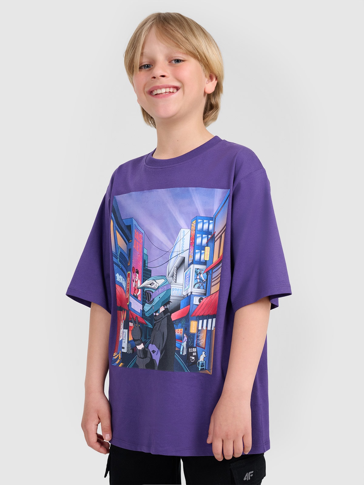 T-shirt oversize marškinėliai su spauda berniukams - violetiniai
