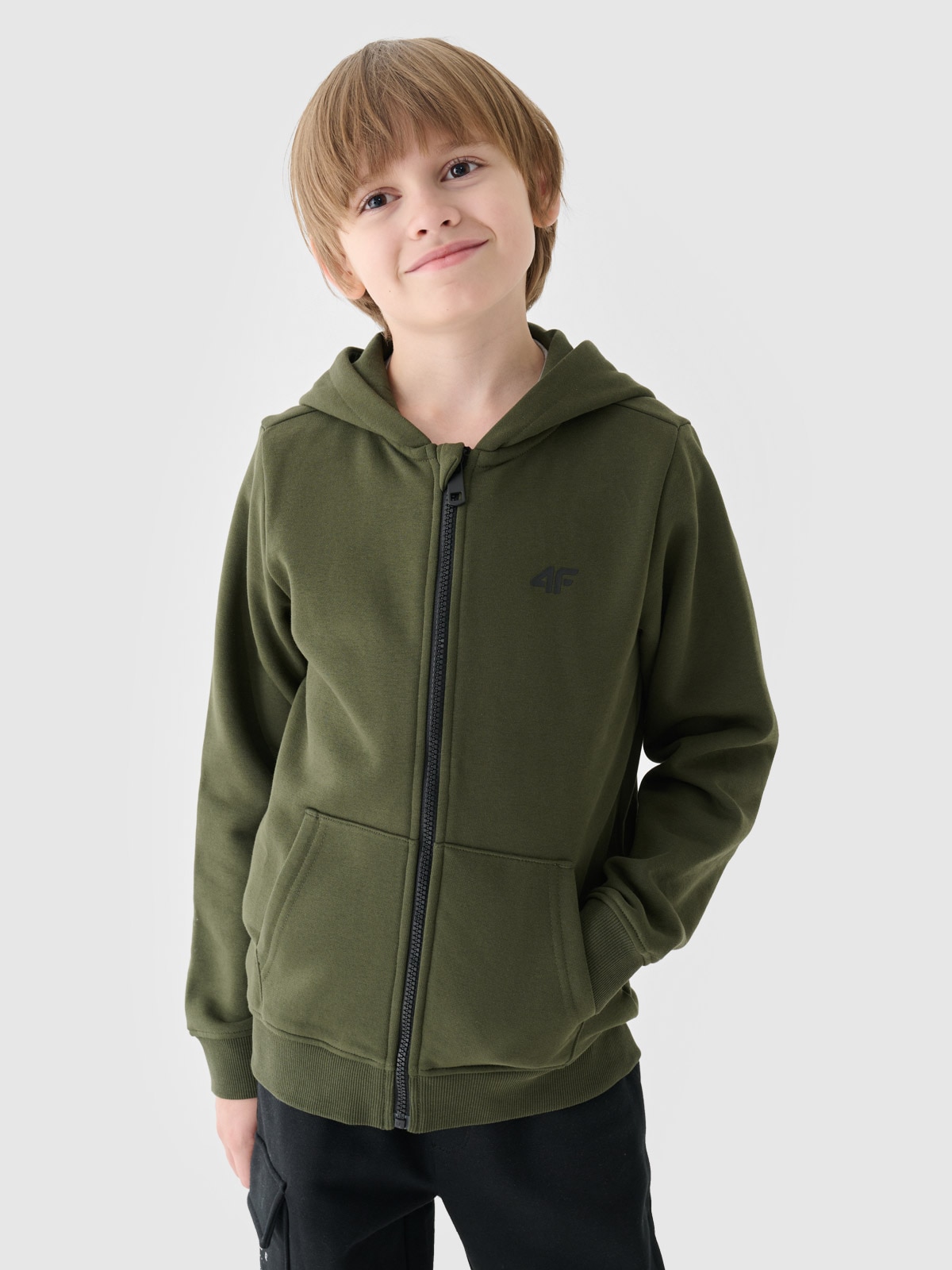 Sportinis atsegamas džemperis su gobtuvu berniukams - khaki spalvos