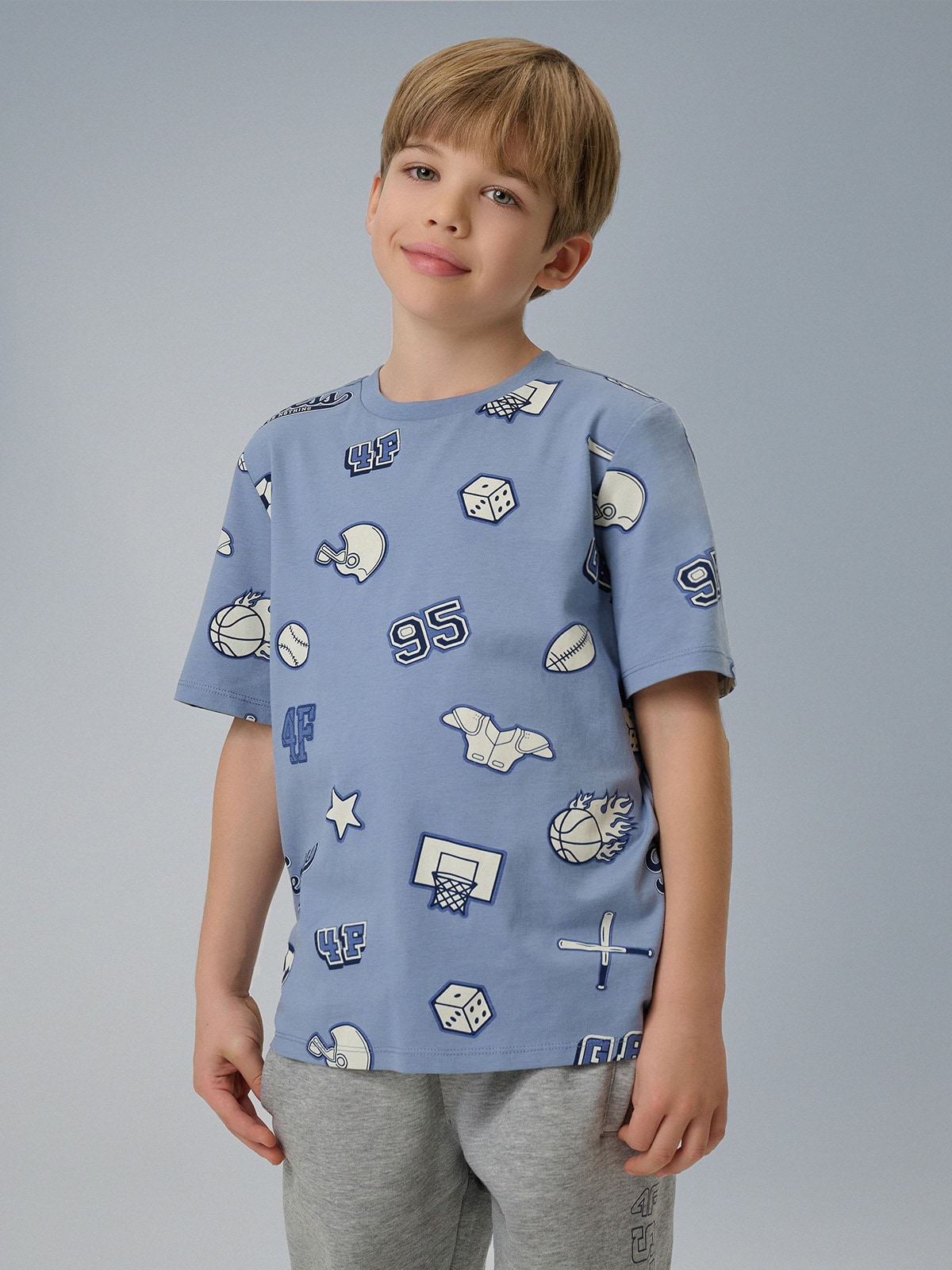 T-shirt regular marškinėliai su spauda berniukams - tamsiai mėlyni
