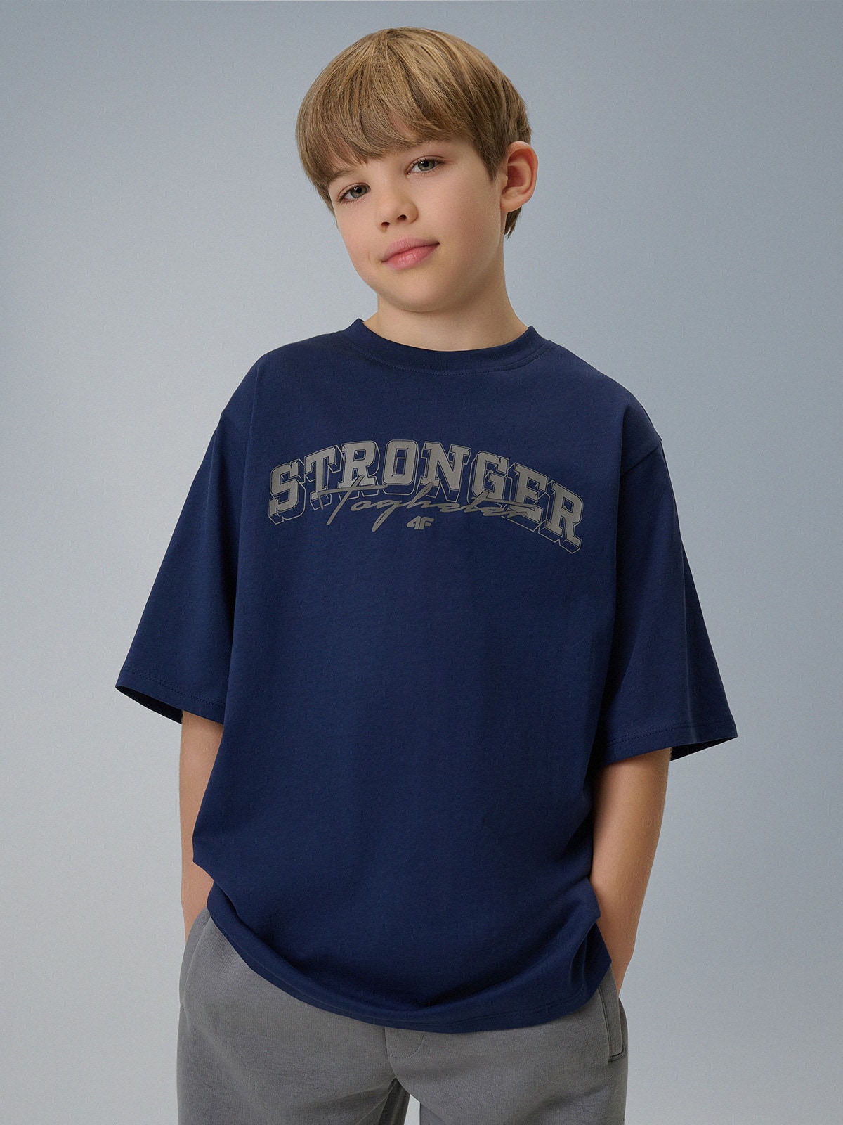 T-shirt loose marškinėliai su spauda berniukams - tamsiai mėlyni