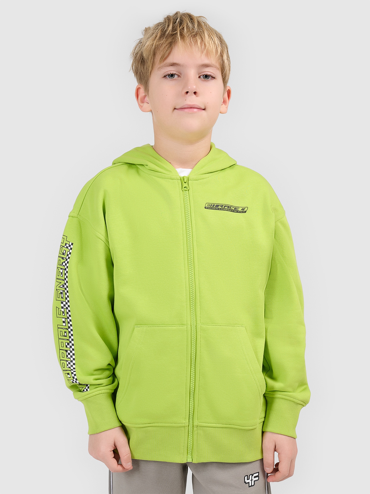 Sportinis loose džemperis su gobtuvu berniukams - žalias