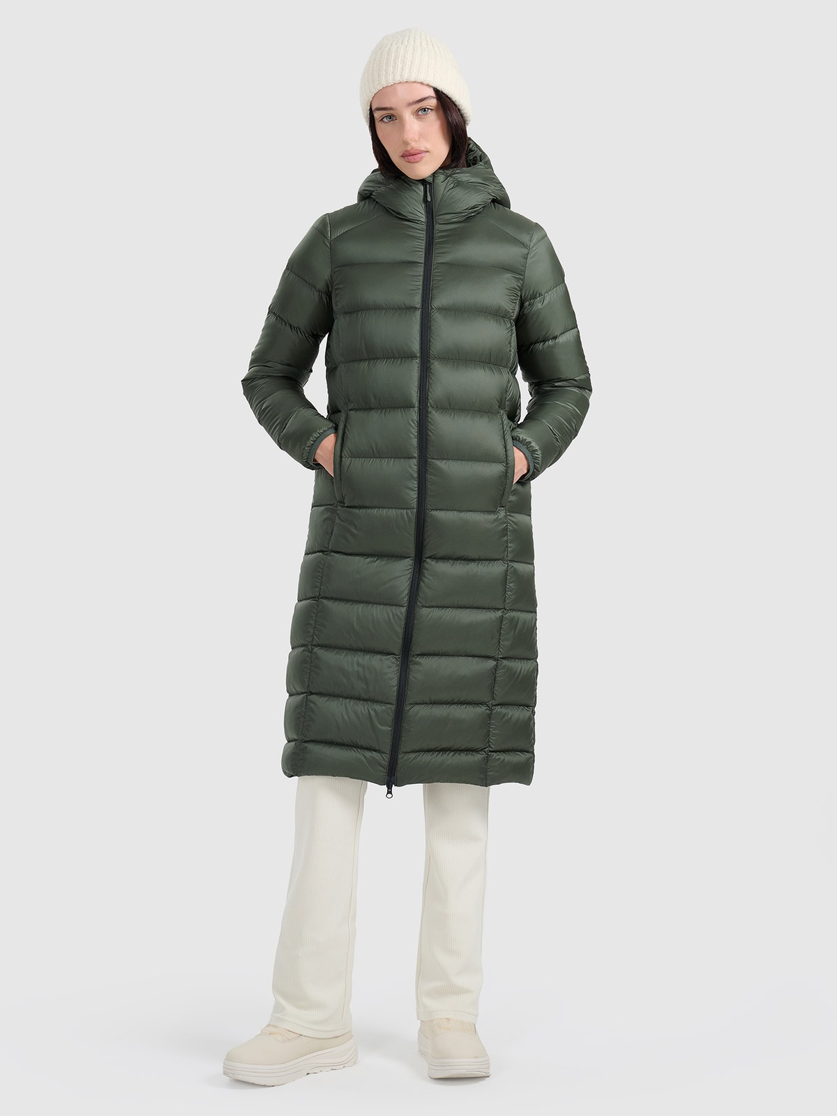 Moteriškas pūkinis paltas su natūraliu kamšalu - khaki spalvos