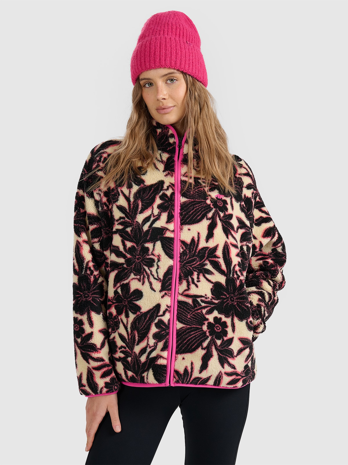 Moteriškas oversize flisas su apykakle - daugiaspalvis