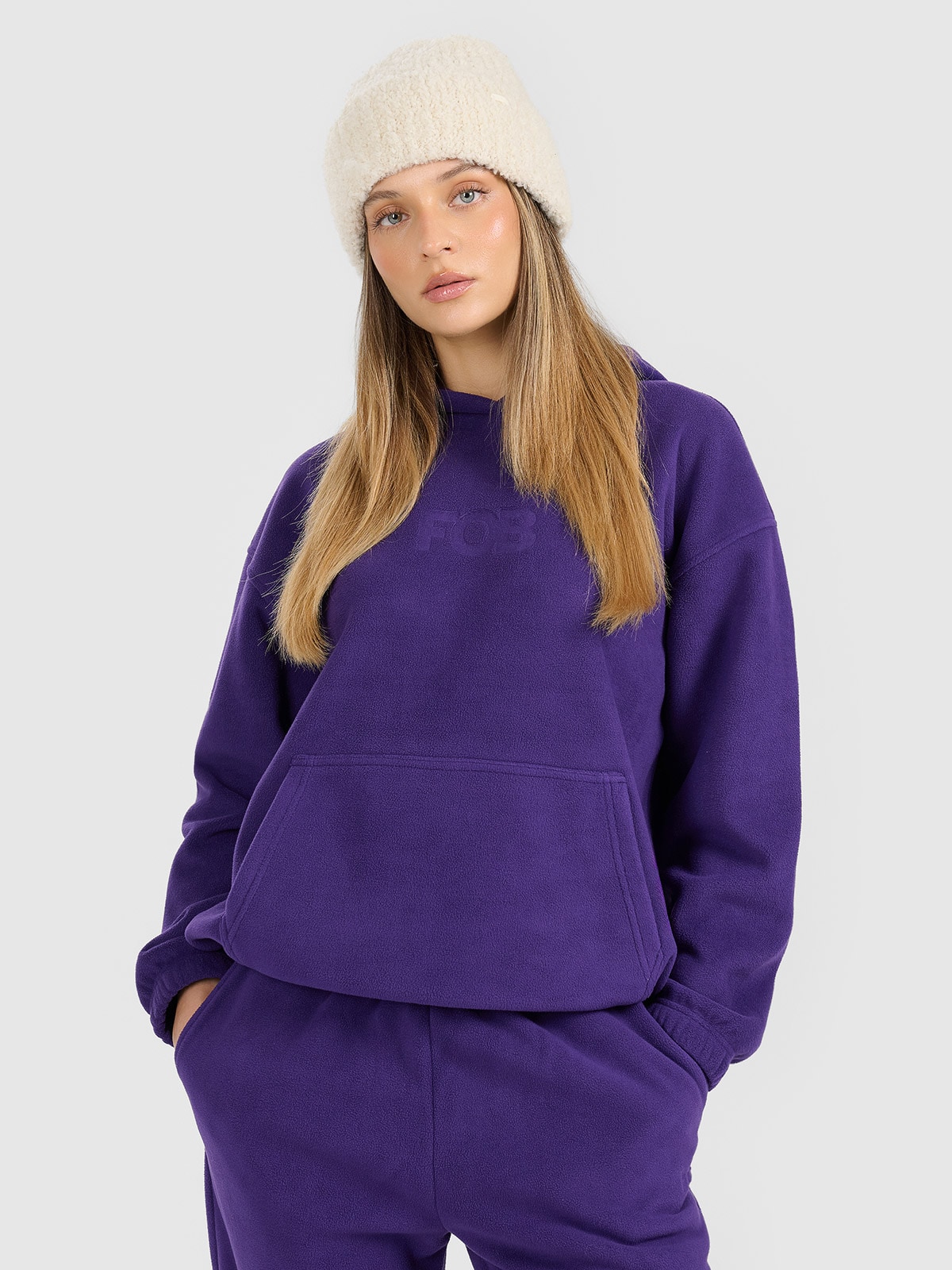 Moteriškas flisas oversize su gobtuvu - violetinis