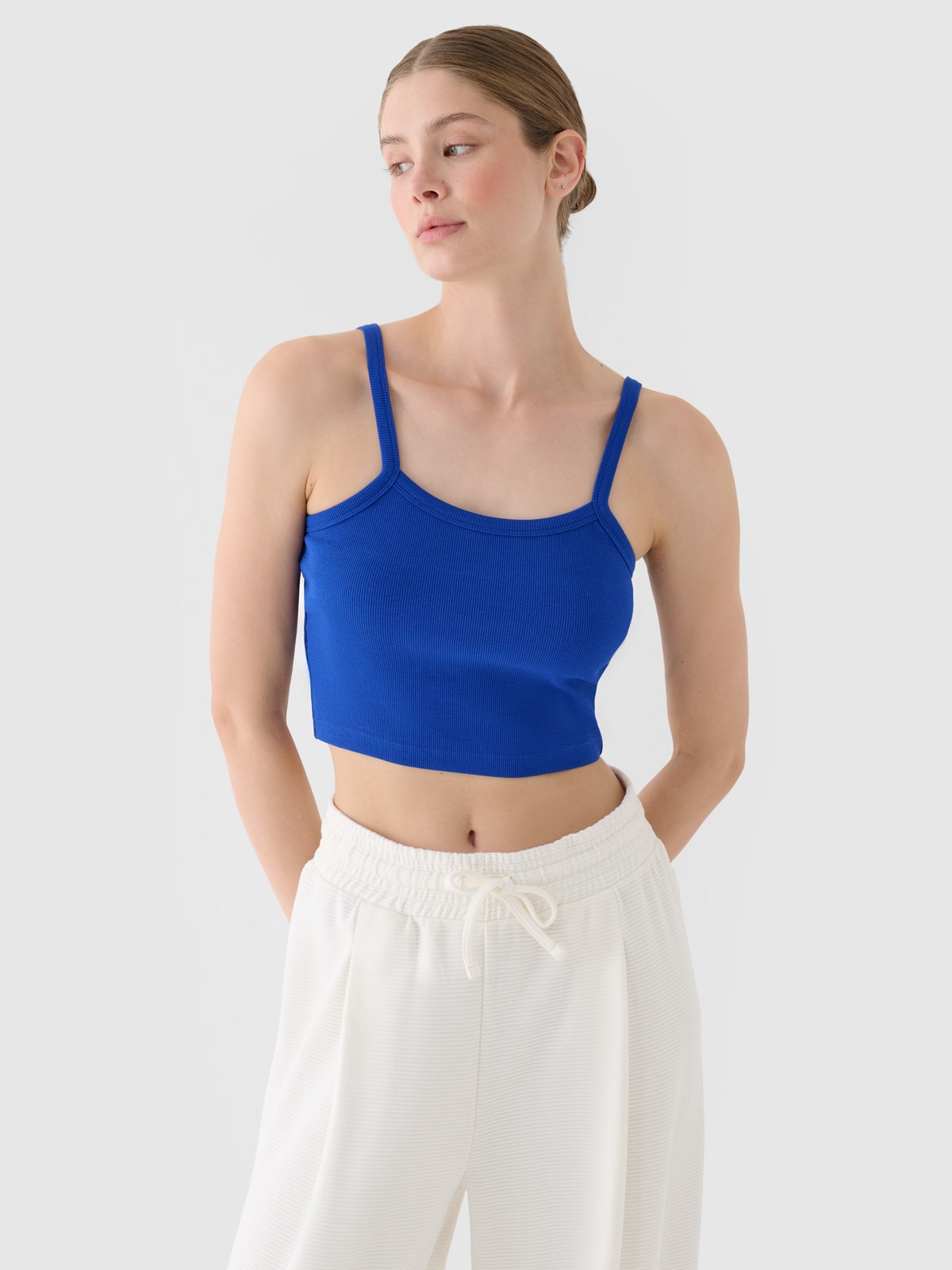 Moteriški crop top slim marškinėliai - mėlyni