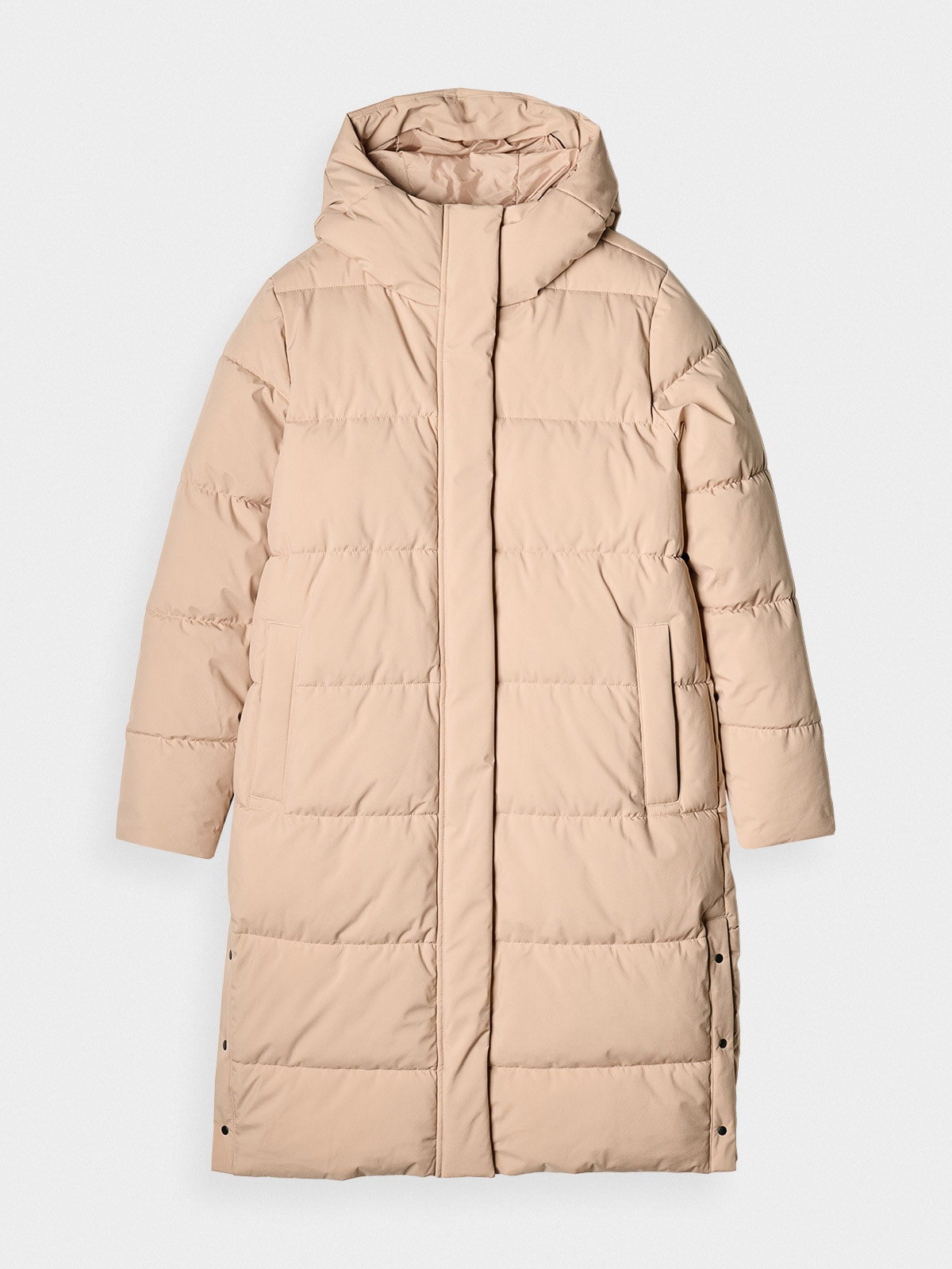 Moteriškas ilgas paltas su sintetiniu pūkų kamšalu - smėlio spalvos