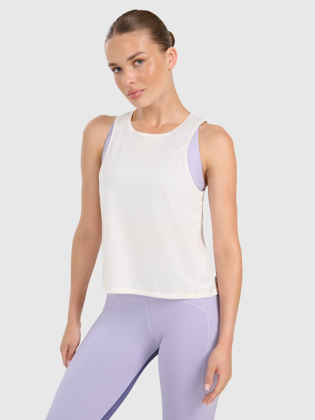 Moteriški top greitai džiūstantys marškinėliai jogai ir pilatesui - smėlio spalvos